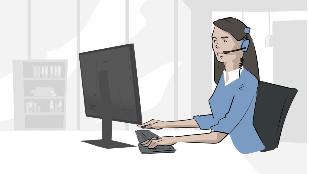 Illustration einer Frau vor einem Monitor, auf dem die Daten der Rohrnetzüberwachung angezeigt werden.