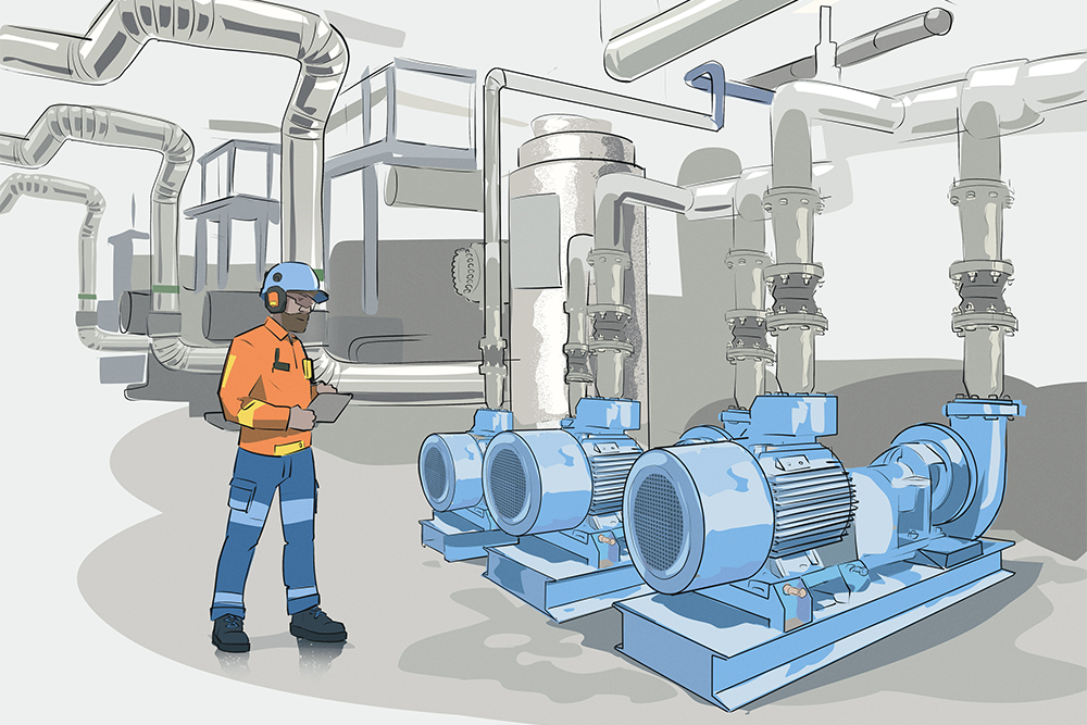 Illustration der IoT-Lösung Monitoring industrieller Betriebsmittel: Mann liest Werte von einem Tablet ab und befindet sich in einem industriellen Maschinenpark