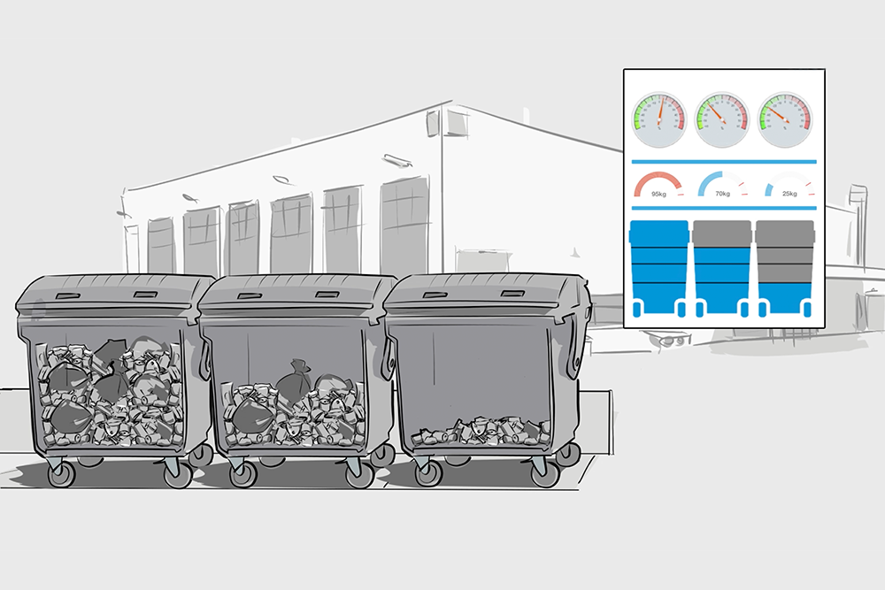 Illustration von Mülltonnen vor einem Gebäude mit einem Diagramm zum jeweiligen Gewicht und Füllstand der Mülltonnen