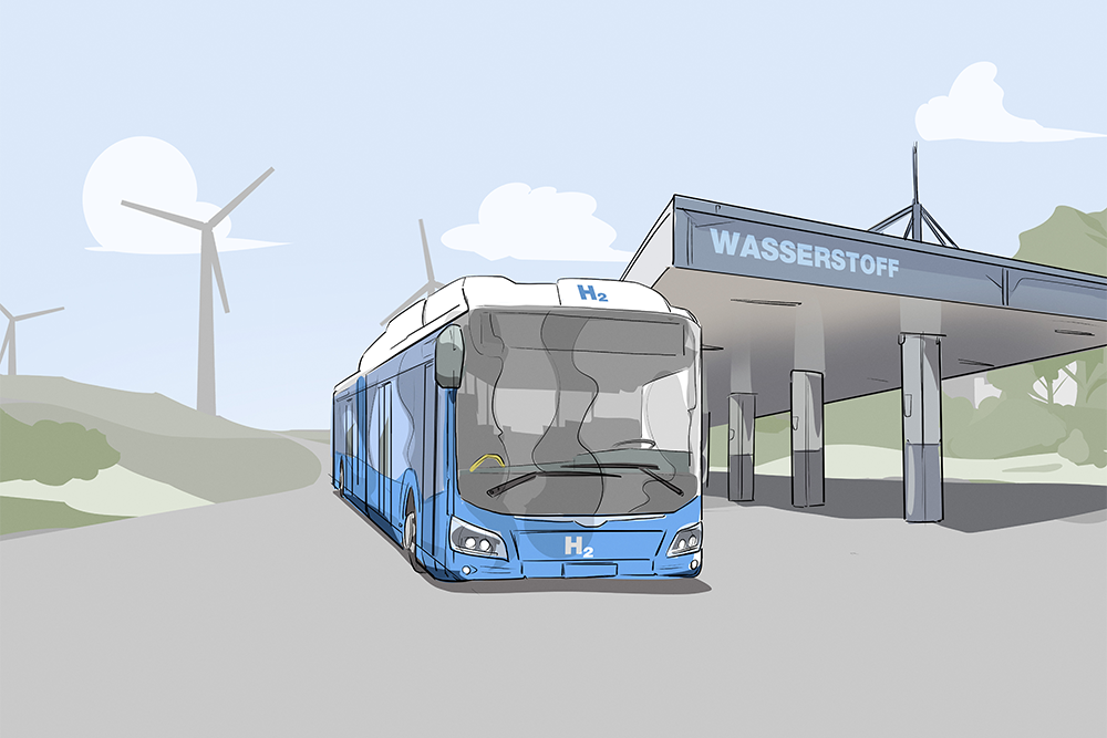 Illustration eines Busses vor einer Wasserstofftankstelle