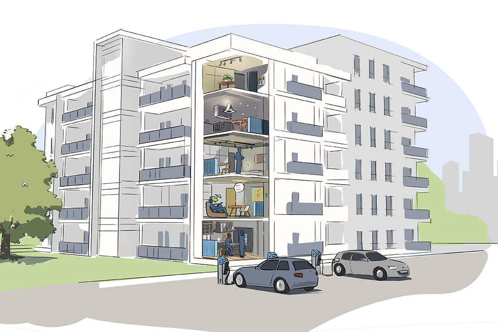 Illustration eines Mehrfamilienhauses mit mehreren Wohneinheiten