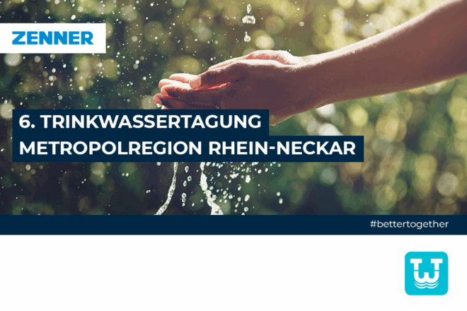 Eventbanner Trinkwassertagung Rhein-Neckar: Hände mit Wasser, im Vordergrund Titel der Veranstaltung und ZENNER Logo