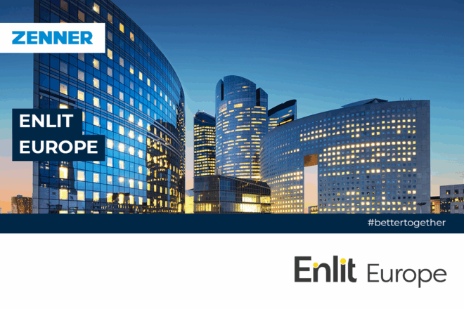 Skyline mit Hochhäusern, ZENNER Logo, Enlit Europe Logo