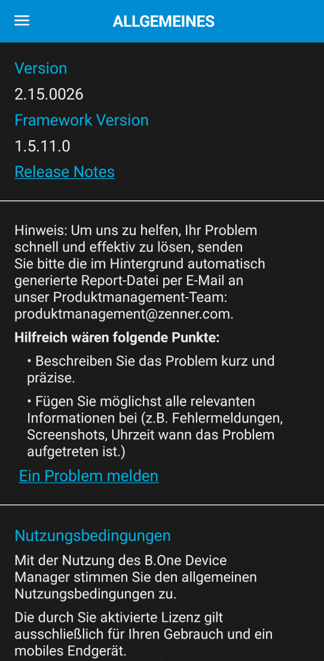 Screenshot Allgemeine Informationen B.One Device Manager