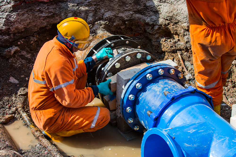 Smarte Leckageerkennung: ausgegrabene Wasserleitung, Bauarbeiter in orangenen Overalls, Wasserlache am Boden.