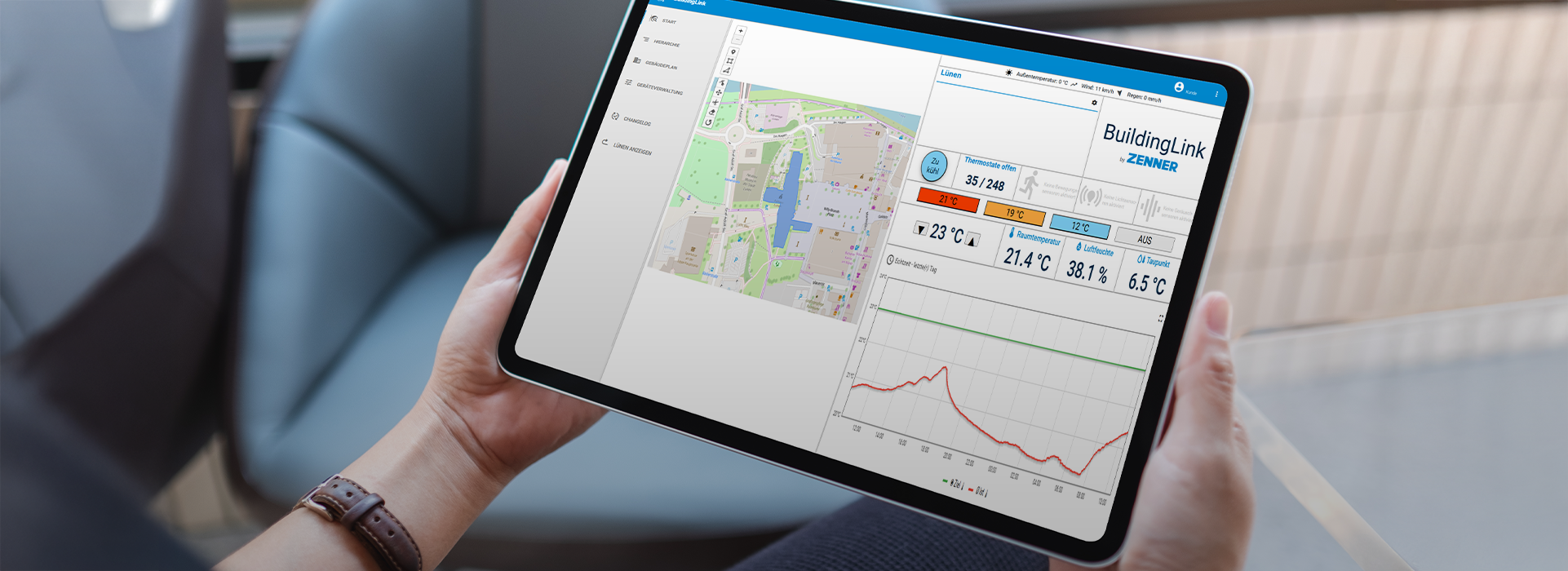 Beispiel aus der Stadt Lünen für das B.One BuildingLink Dashboard zu sehen auf einem Tablet