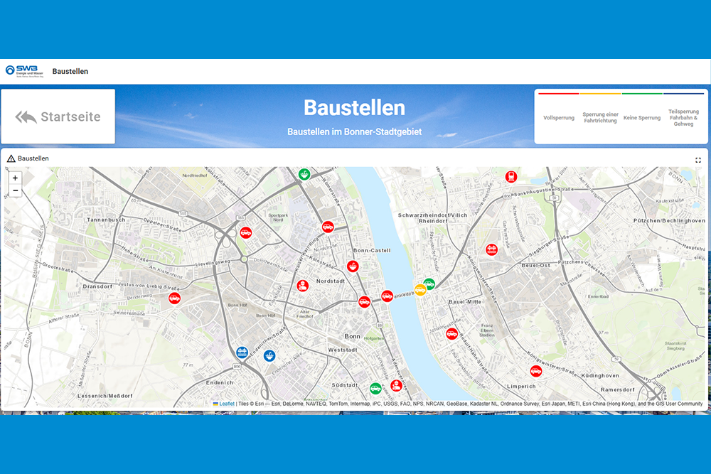 Smart City Dashboard der Stadtwerke Bonn zeigt Baustellen im Stadtgebiet