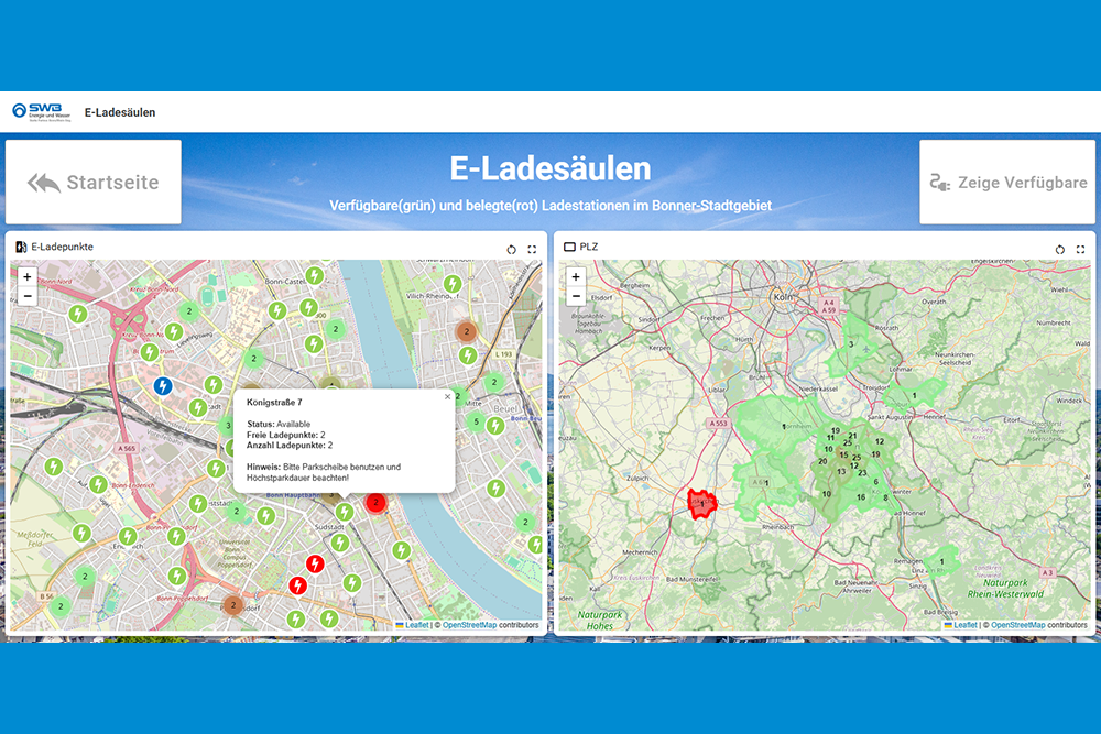 Smart City Dashboard der Stadtwerke Bonn zeigt die verfügbaren Ladestationen im Stadtgebiet