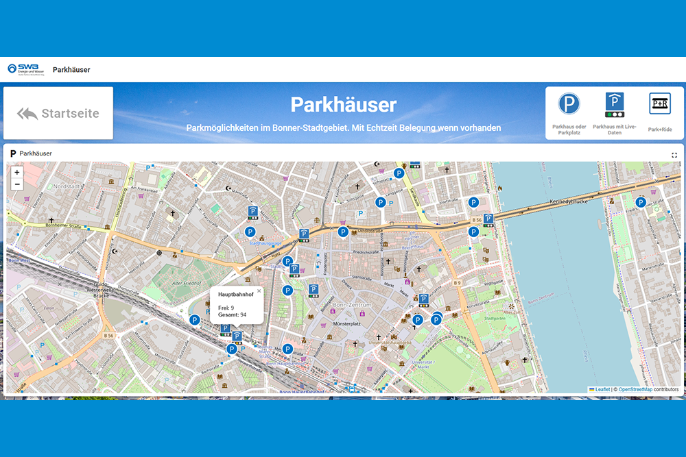 Smart City Dashboard der Stadtwerke Bonn zeigt die Belegung von Parkhäusern im Stadtgebiet